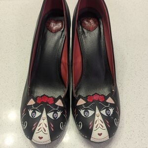 TUK Black Day Of The Dead Kitty High Heels Sz 8
